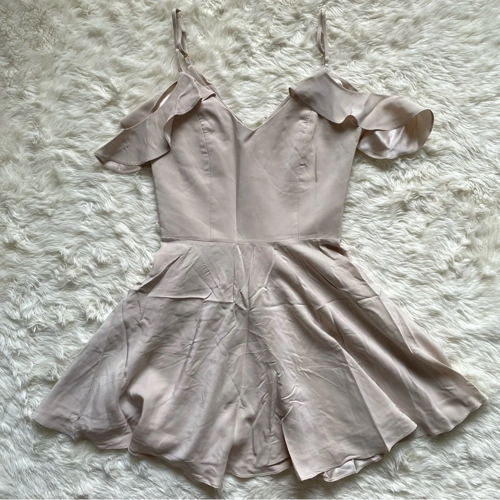 Amanda Uprichard Dress Tate Cold Shoulder Fit & Flare 100% Silk Bone Nude P